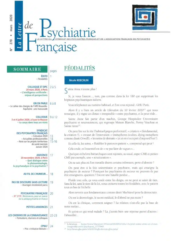 N° 270 (mars 2020) de La Lettre de Psychiatrie Française