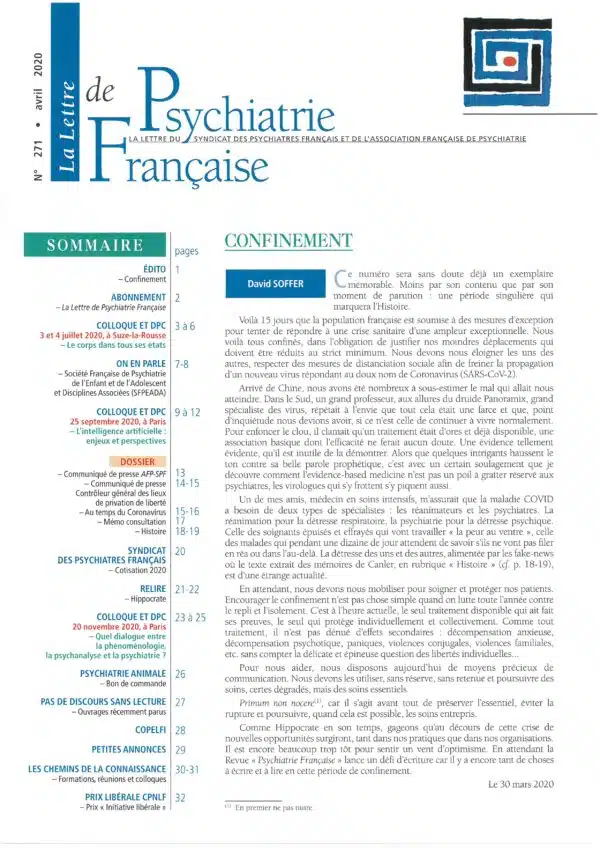 N° 271 (avril 2020) de La Lettre de Psychiatrie Française
