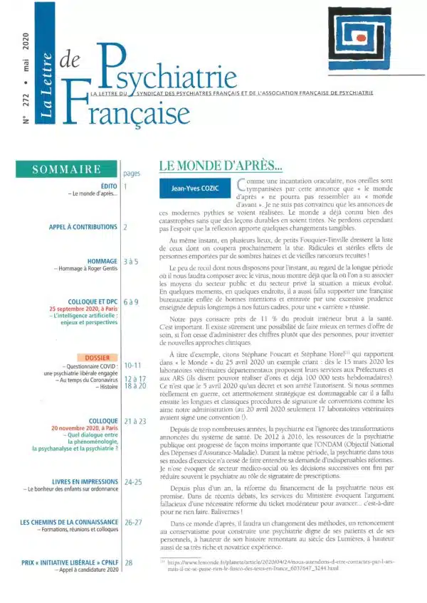 N° 272 (mai 2020) de La Lettre de Psychiatrie Française