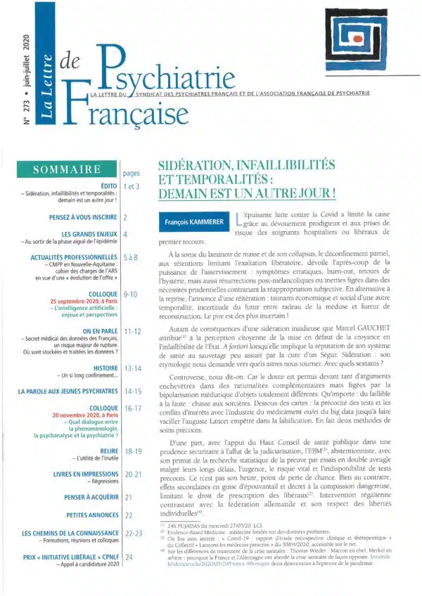 N° 273 (juin-juillet 2020) de La Lettre de Psychiatrie Française