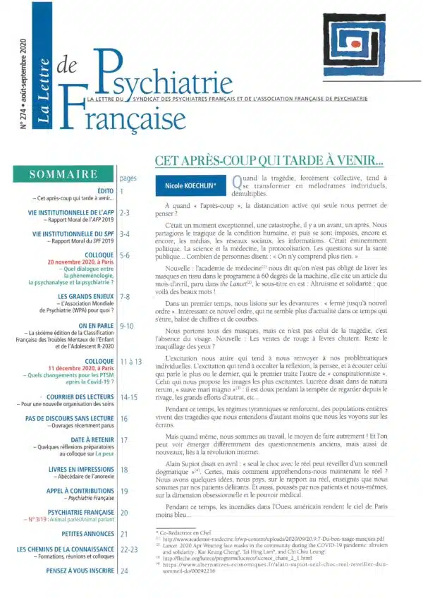 N° 274 (aout-septembre 2020) de La Lettre de Psychiatrie Française