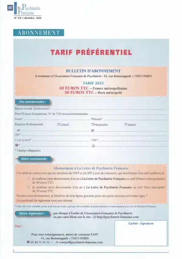 Abonnement 2021 à La Lettre de Psychiatrie Française FRANCE métropolitaine