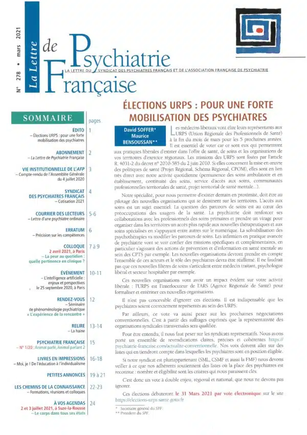 N° 278 (Mars 2021) de La Lettre de Psychiatrie Française