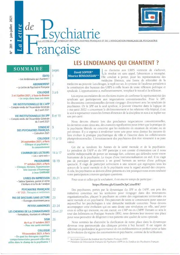 N° 281 (Juin-Juillet 2021) de La Lettre de Psychiatrie Française