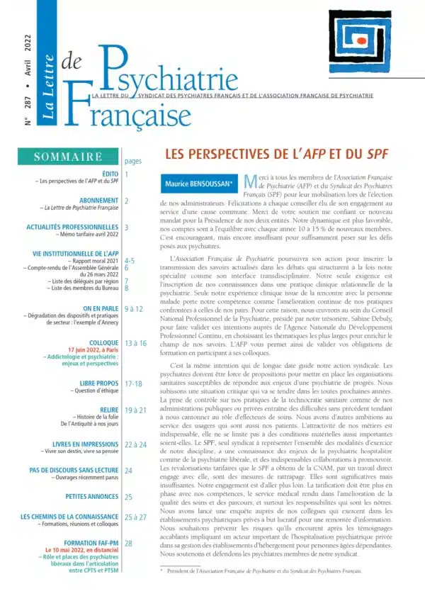 N° 287 (avril 2022) de La Lettre de Psychiatrie Française