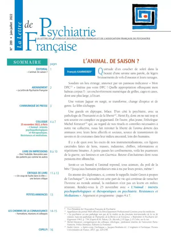 N° 289 (juin juillet 2022) de La Lettre de Psychiatrie Française