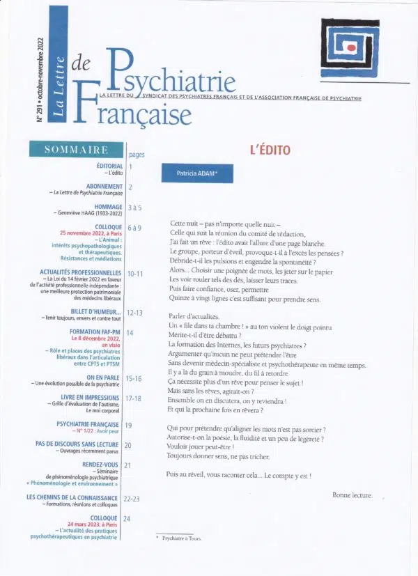 N° 291 (octobre novembre 2022) de La Lettre de Psychiatrie Française